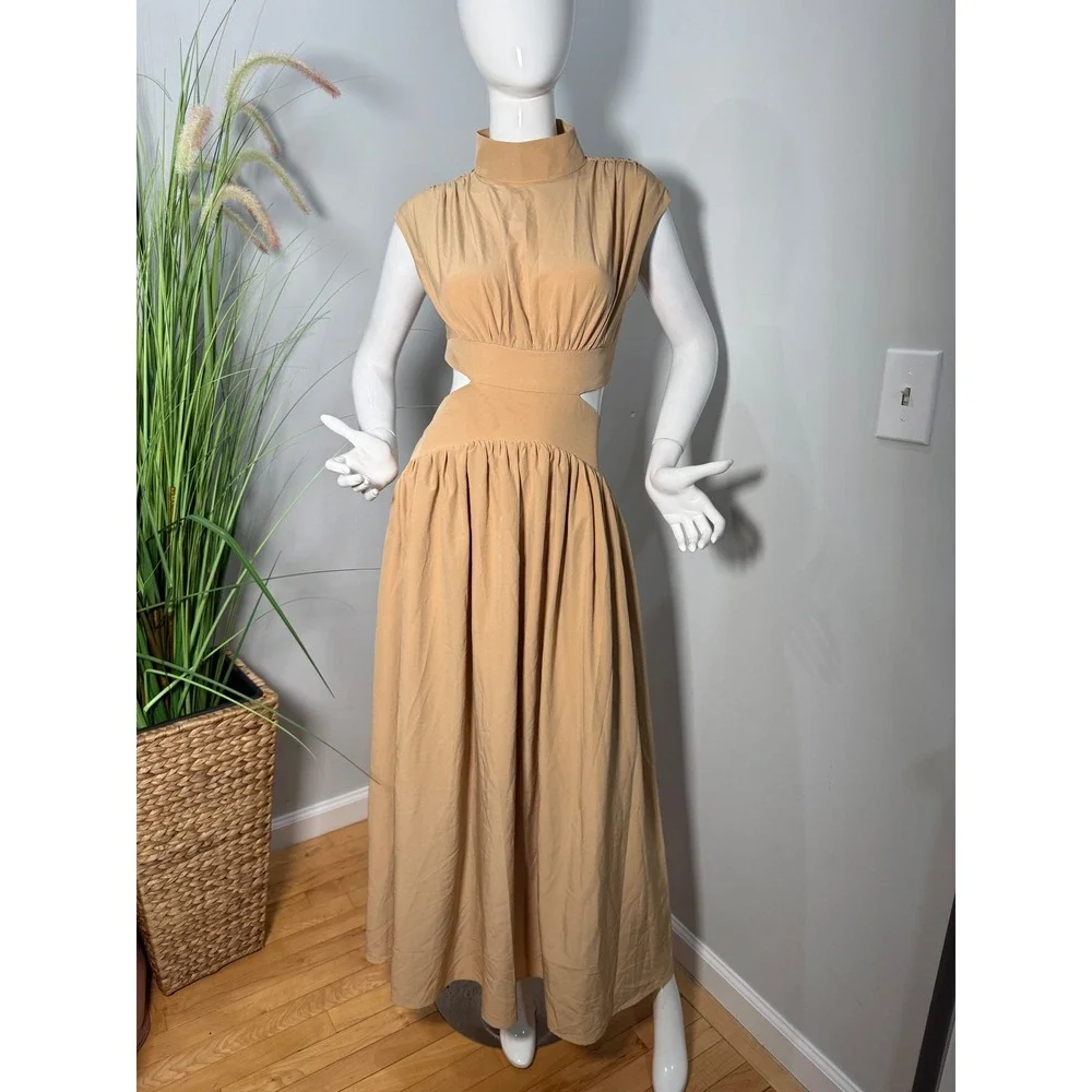 Commense Beige Cutout Maxi Dress High Neck‎  Elegant Flowy size S